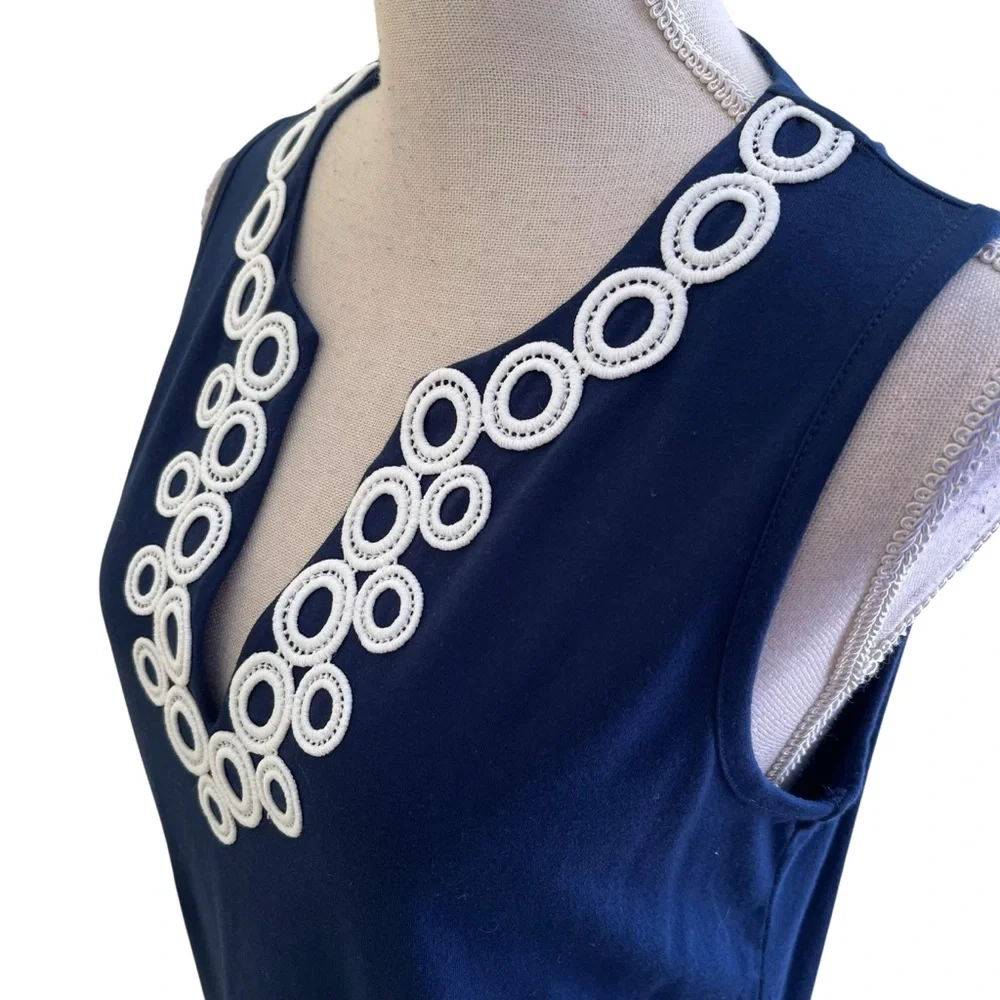 Lands' End Navy Blue Cotton Jersey Sleeveless Split Neck Shift with White Trim S